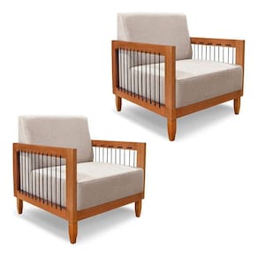 Kit 2 Poltronas Decorativa Marilia Linho Areia Base Em Madeira Castanho - Pallazio