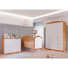 Quarto de Bebê com Guarda Roupa Cômoda Encanto e Berço Harmonia Permóbili Baby Nature/Branco
