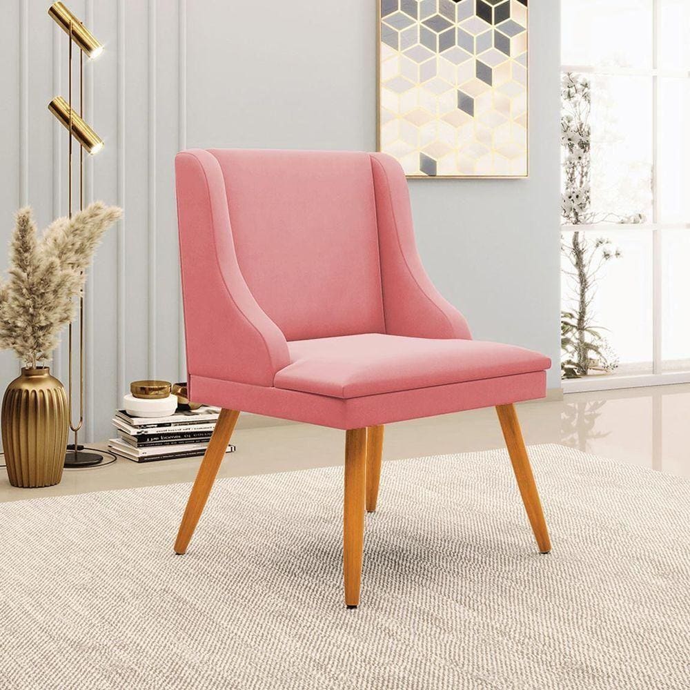 Cadeira Decorativa Sala De Jantar Pés Palito De Madeira Firenze Suede Rosê/natural G19 - Gran Belo