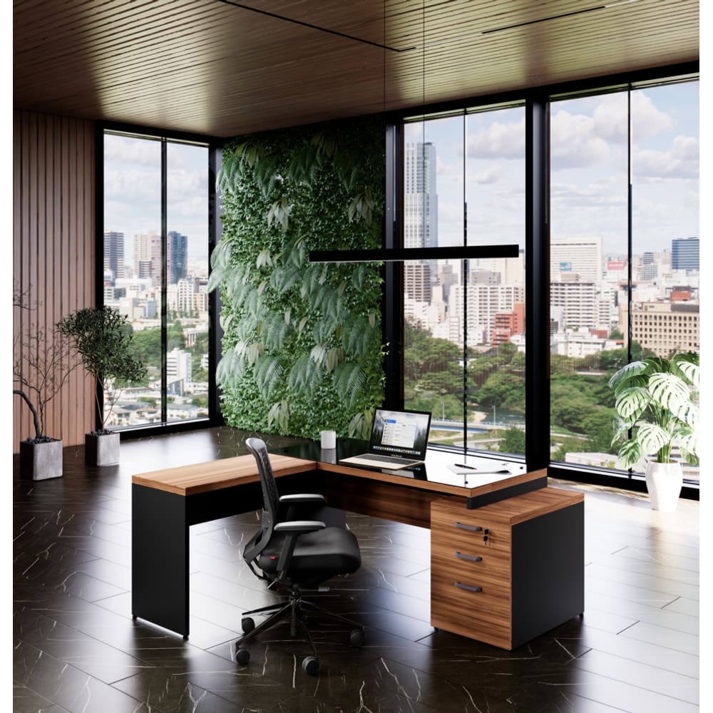 Mesa Diretor Web40: Elegância Vidro 1,72x1,60 - Nogal/Preto