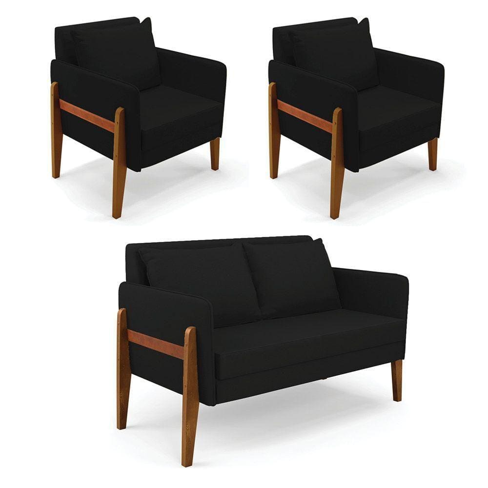 Kit 1 Sofá Namoradeira E 2 Poltronas Lana Linho Base De Madeira - D`rossi Cor A79 Preto