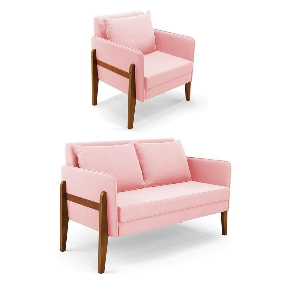 Kit 1 Sofá Namoradeira E 1 Poltrona Lana Suede Rosa Bebê Base De Madeira - D`rossi