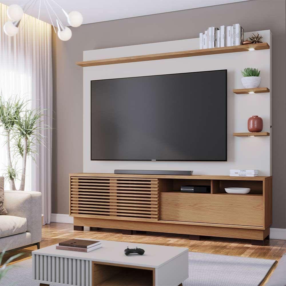 Estante Home Sala De Estar 200cm Navagio Led Off White/freijó G73 - Gran Belo