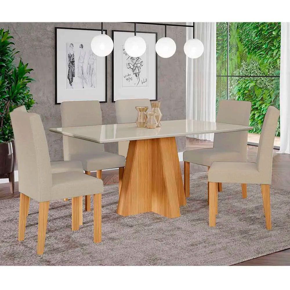 Conjunto Sala de Jantar Mesa Maite 160x80 cm e 6 Cadeiras Maia Cimol Nature/Off White/Gengibre