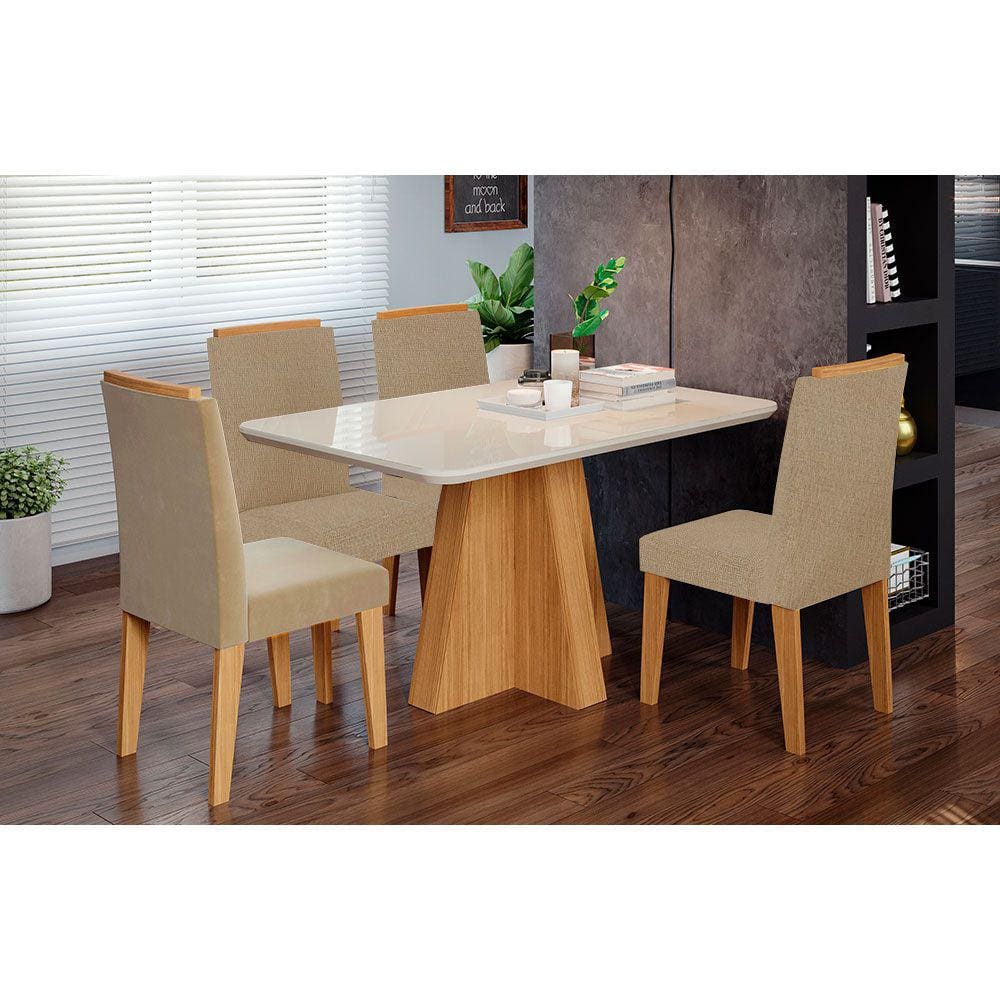 Conjunto Sala de Jantar Mesa Maite 130x80 cm e 4 Cadeiras Maia Cimol Nature/Off White/Gengibre