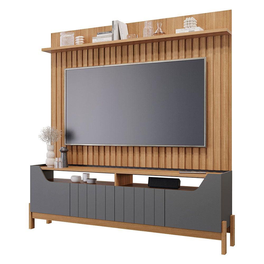 Estante Home Theater para Sala TV 70 com 4 Portas Moema Permóbili Grafite/Nature - 100% MDF