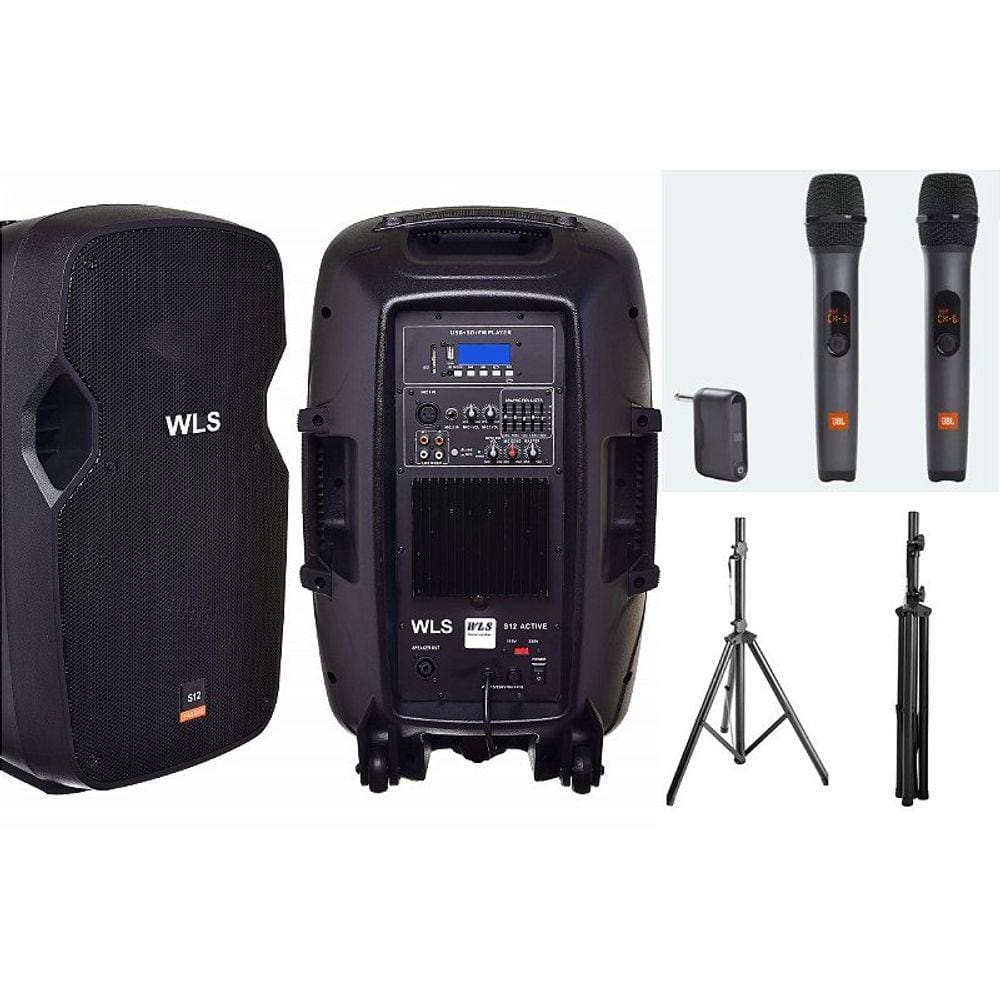 Caixa WLS S12 Ativa BT + Caixa S12 Pas+ 2 Mic s/fio+2 tripés