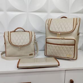 Kit Mochila Maternidade, Frasqueira Térmica e Trocador Marfim Caramelo - Coutre Bolsas