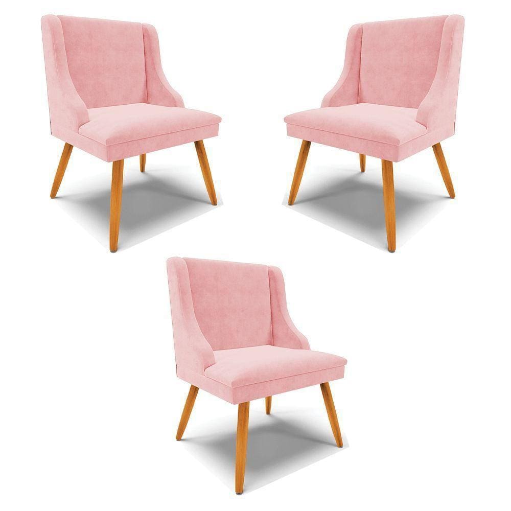 Kit 3 Cadeiras Decorativas Sala De Jantar Pés Palito De Madeira Firenze Suede Rosa Bebê/natural G19