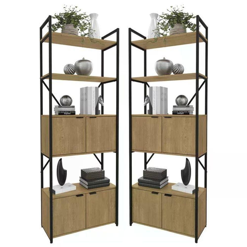 Kit 02 Estantes Alta 04 Portas 200X72Cm Industrial Crome Li018 Freijo Preto Kappesberg