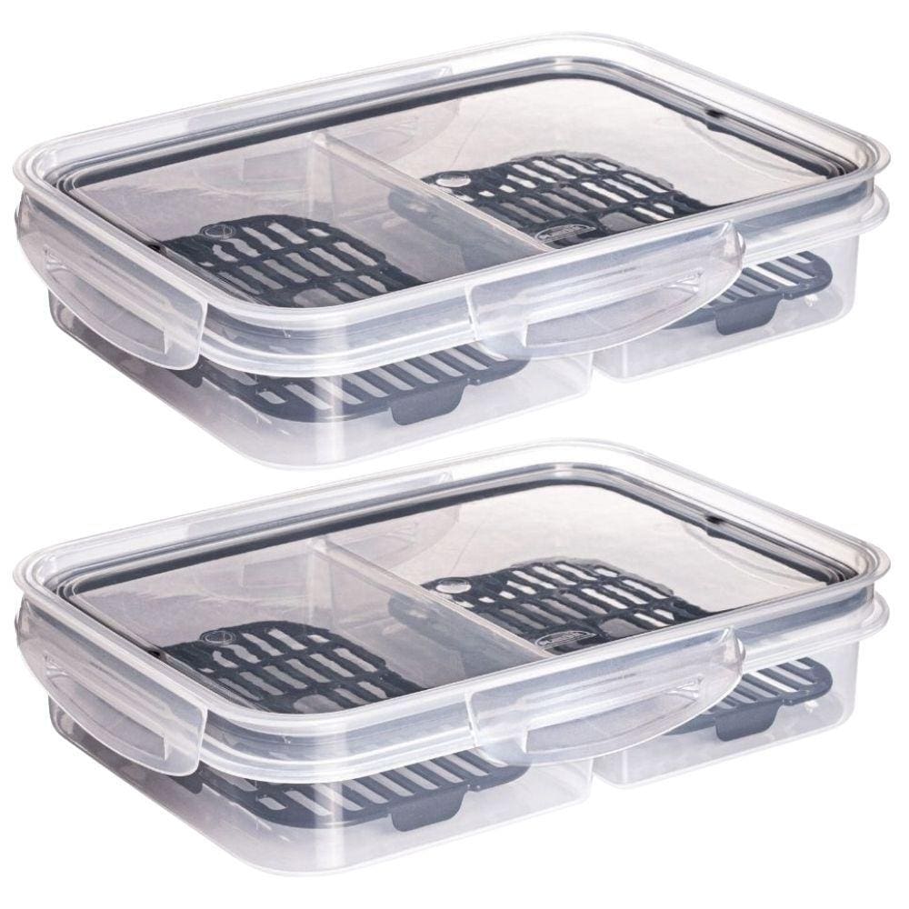 Kit com 2 porta frios hermético Trava Mais com 2 divisórias e escorredor preto Plasutil ref.14345