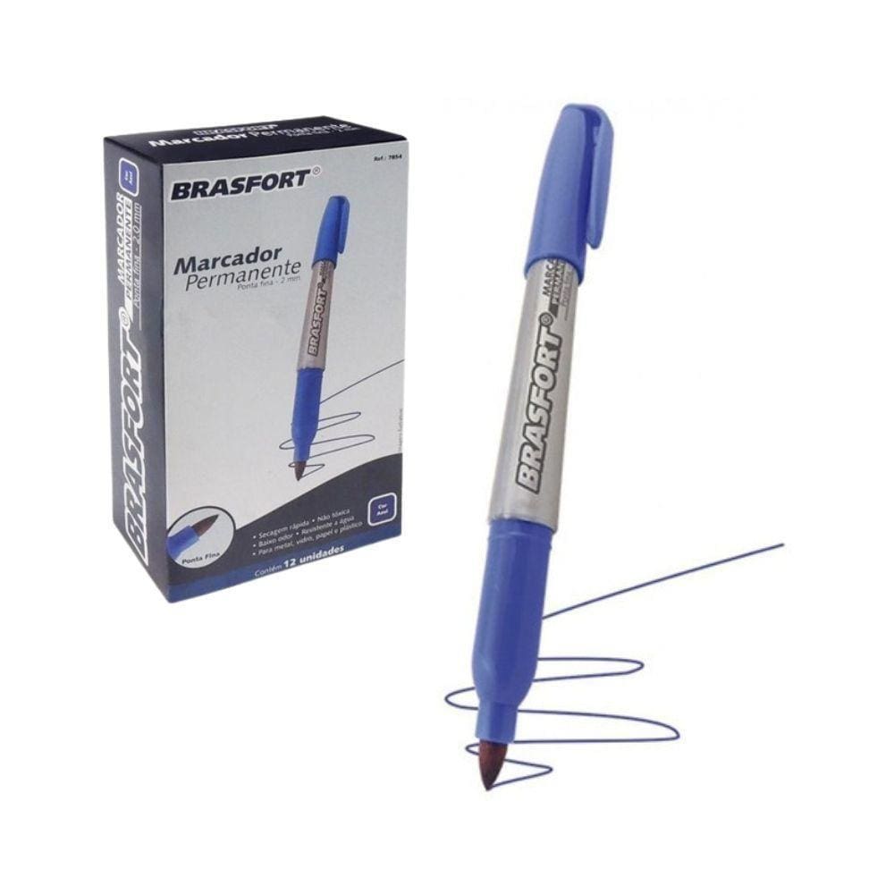 Caneta Marcador Permanente Ponta Fina Brasfort 12 Un Azul