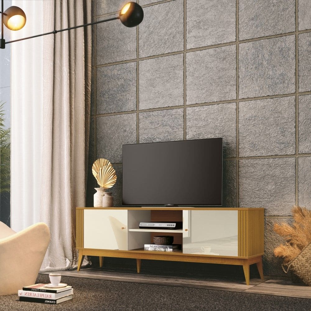 Rack Bancada Legacy 1.6 com 2 Portas 2 Nichos Para Tv ate 60`` Off White/Cedro EDN Moveis