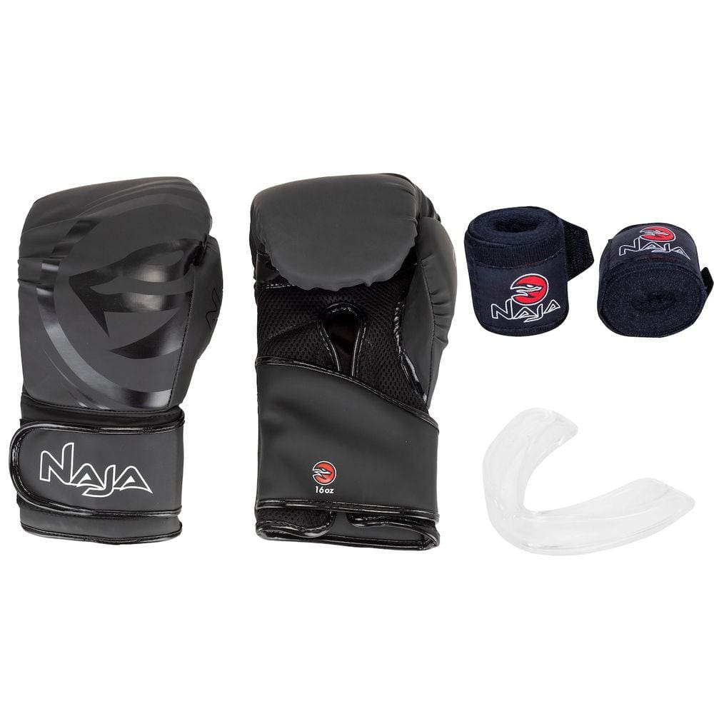 Kit de Boxe Naja: Bandagem + Protetor Bucal + Luvas de Boxe Black - 16 OZ - Adulto