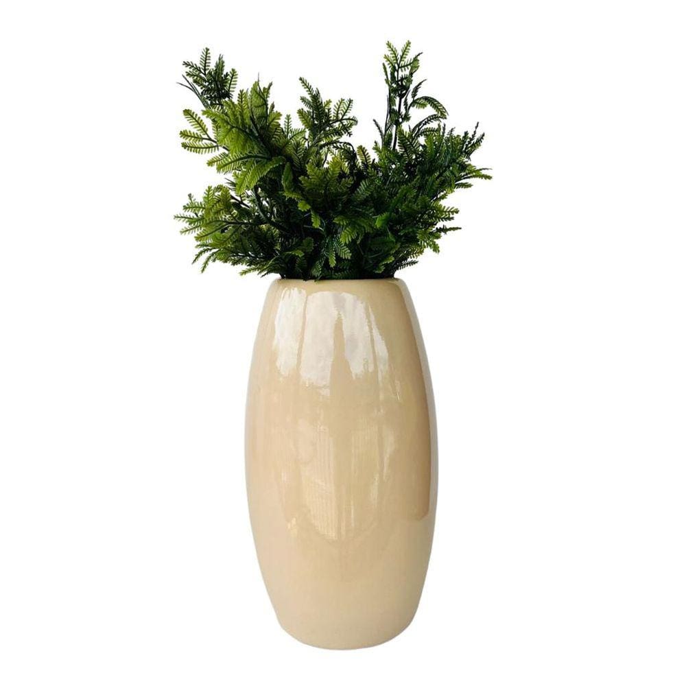 Vaso médio na cor bege liso centro de mesa c/ planta moderna