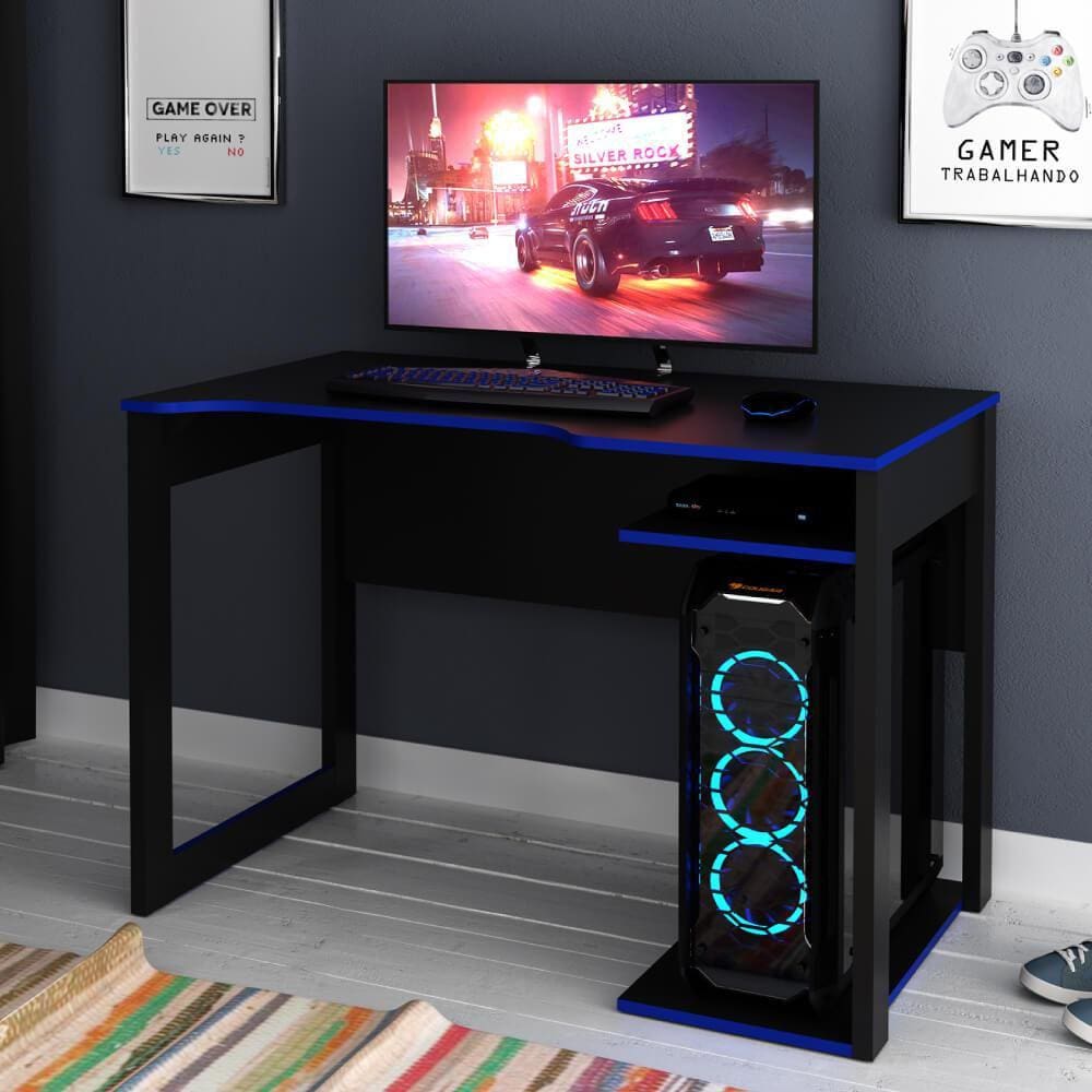 Mesa Gamer com 2 Nichos -  Preto/Azul