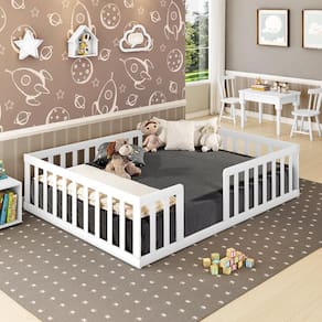 Cama Montessoriana Casal Giulia Madeira Maciça com Grade Branco - Casatema