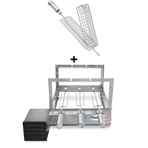 Gira Grill Inox c/ 3 Espetos Tridente + Espeto Grelha Pratic