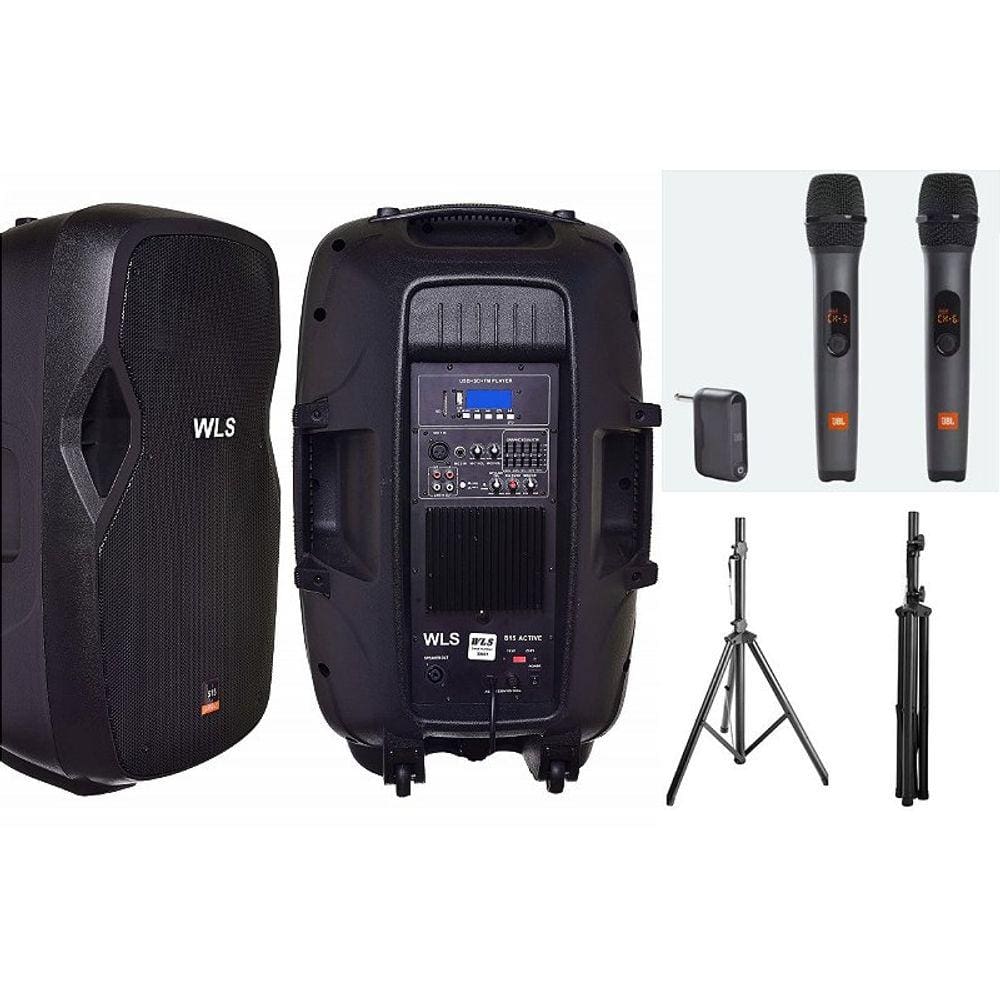 Caixa WLS S15 Ativa BT + Caixa S15 Pas+ 2 Mic s/fio +2 Tripé