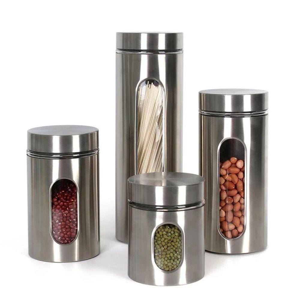 Jogo de Porta Mantimentos Inox e Vidro 4 Potes Organizador