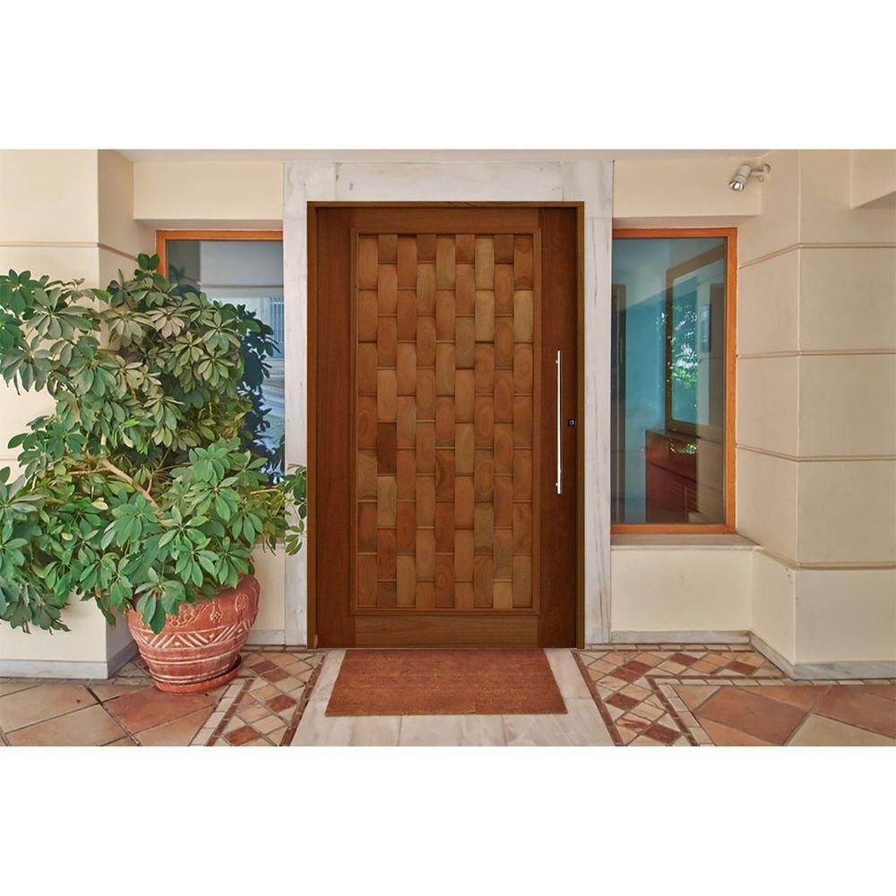 Kit Porta de Madeira Pivotante 210x110cm Batente 14cm Fechadura 803 Rolete Externa Couro Hale Esquadrias Eucalipto