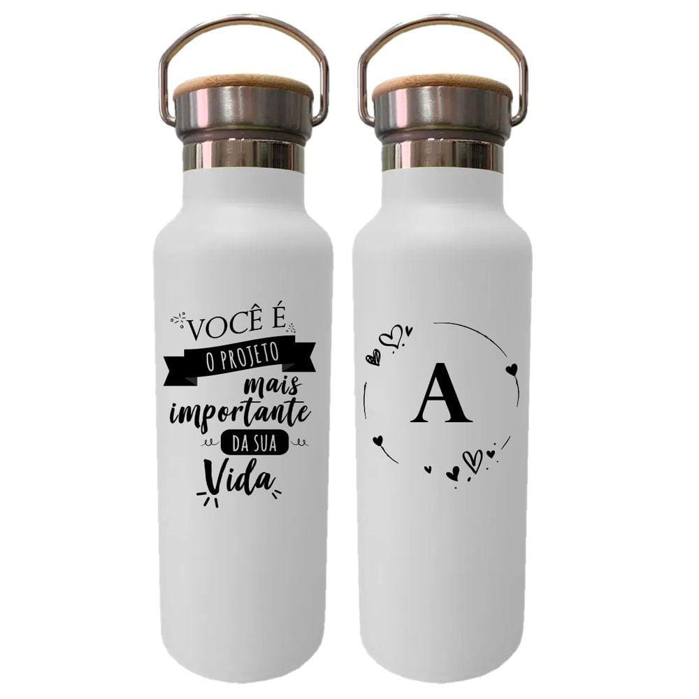 Garrafa Térmica Branca Tampa Bambu Personalizada