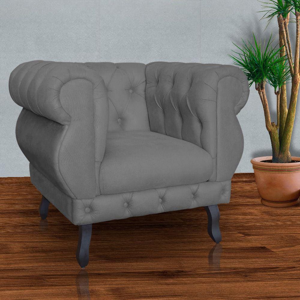 Poltrona Decorativa Sala Recepção Maya Suede Cinza LM DECOR