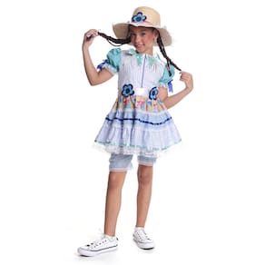 Vestido Junino Infantil Caipira Flor azul com Culote Chapéu