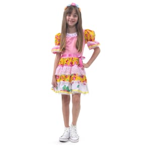 Vestido Caipira Infantil Rosa Chic Festa Junina Com Tiara