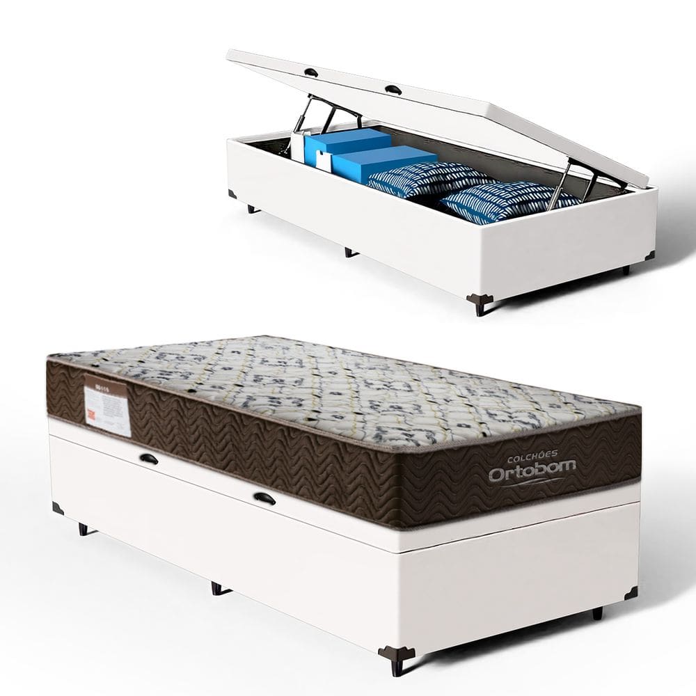 Cama Box Baú + Colchão de Solteiro Ortobom D45 Iso 150 78x188x60cm