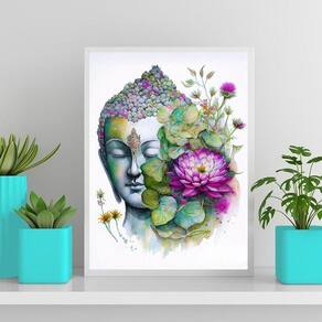 Quadro Aquarela Buda Com Flor De Lotus 45X34Cm