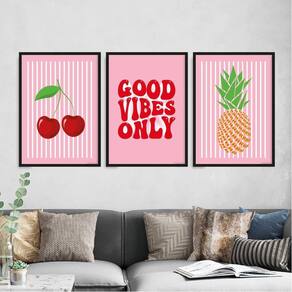 Kit 3 Quadros Cereja Abacaxi Good Vibes 24X18Cm
