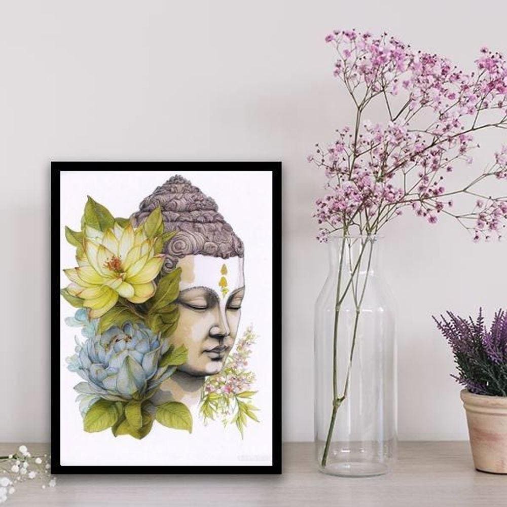 Quadro Aquarela Buda Com Flores 24X18Cm - Com Vidro Branca