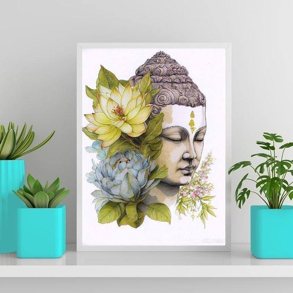 Quadro Aquarela Buda Com Flores 33X24Cm - Com Vidro Branca