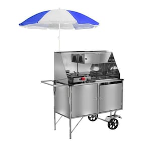 Carrinho Cachorro Quente e Lanche Inox com Guarda Sol Rodas Maciças
