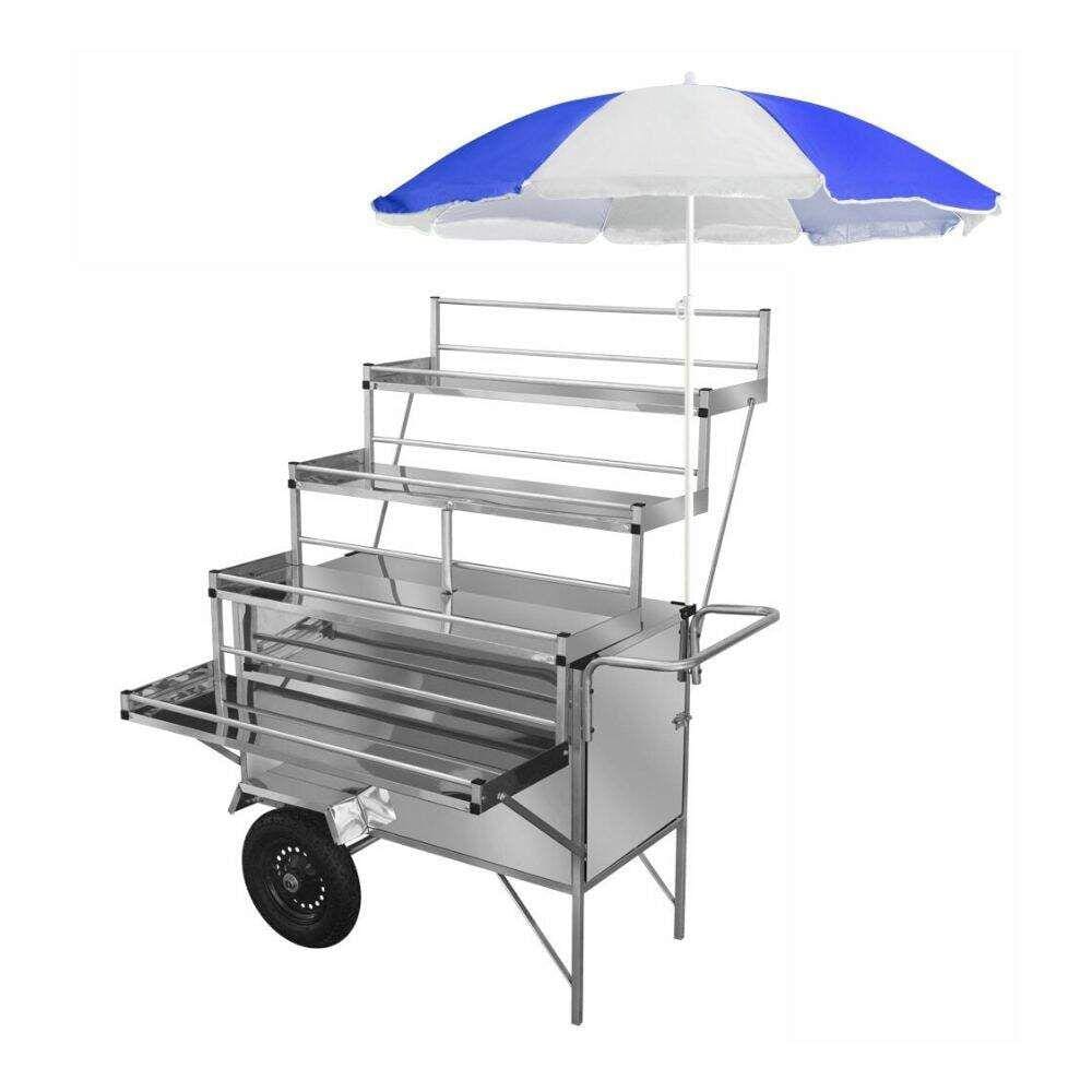 Carrinho Expositor Inox com Guarda Sol e Rodas Pneumáticas
