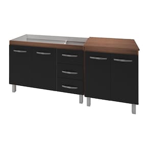 Armário Cozinha Gabinete Pia De 120 Cm Bianca Com Balcão Multiuso Micro-Ondas Savana Frente Preta
