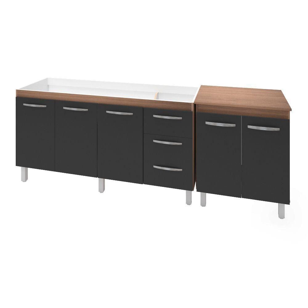 Armário Cozinha Gabinete Pia De 150 Cm Diana Com Balcão Multiuso Micro-Ondas Savana Frente Preta