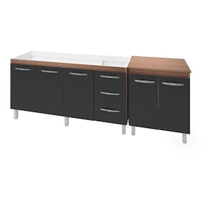 Armário Cozinha Gabinete Pia De 150 Cm Diana Com Balcão Multiuso Micro-Ondas Savana Frente Preta