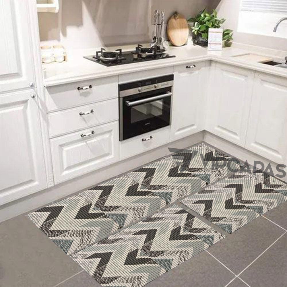 Tapete Cozinha Emborrachado Antiderrapente Kit Com 3 Peças Zig Zag Cinza