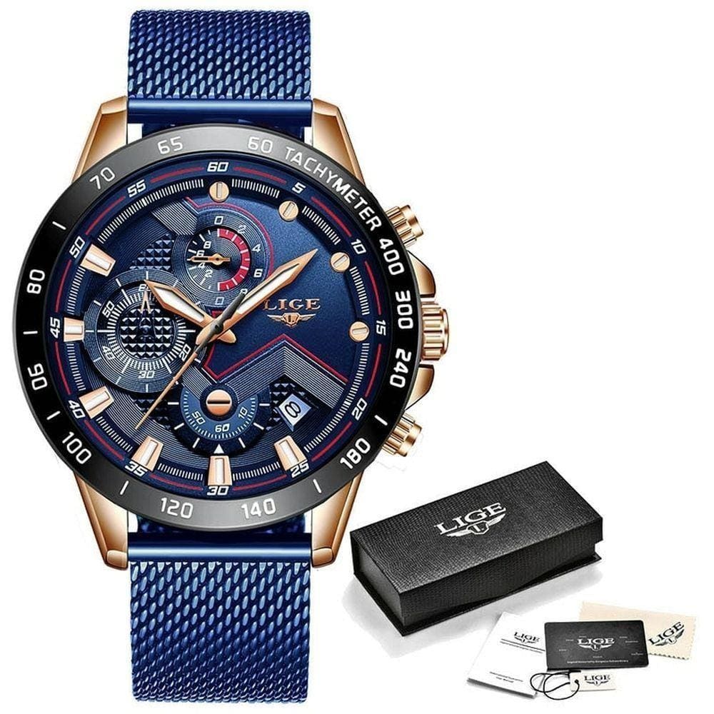 Relógio Masculino Lige 9929 à Prova D`água Rosa Ouro Azul