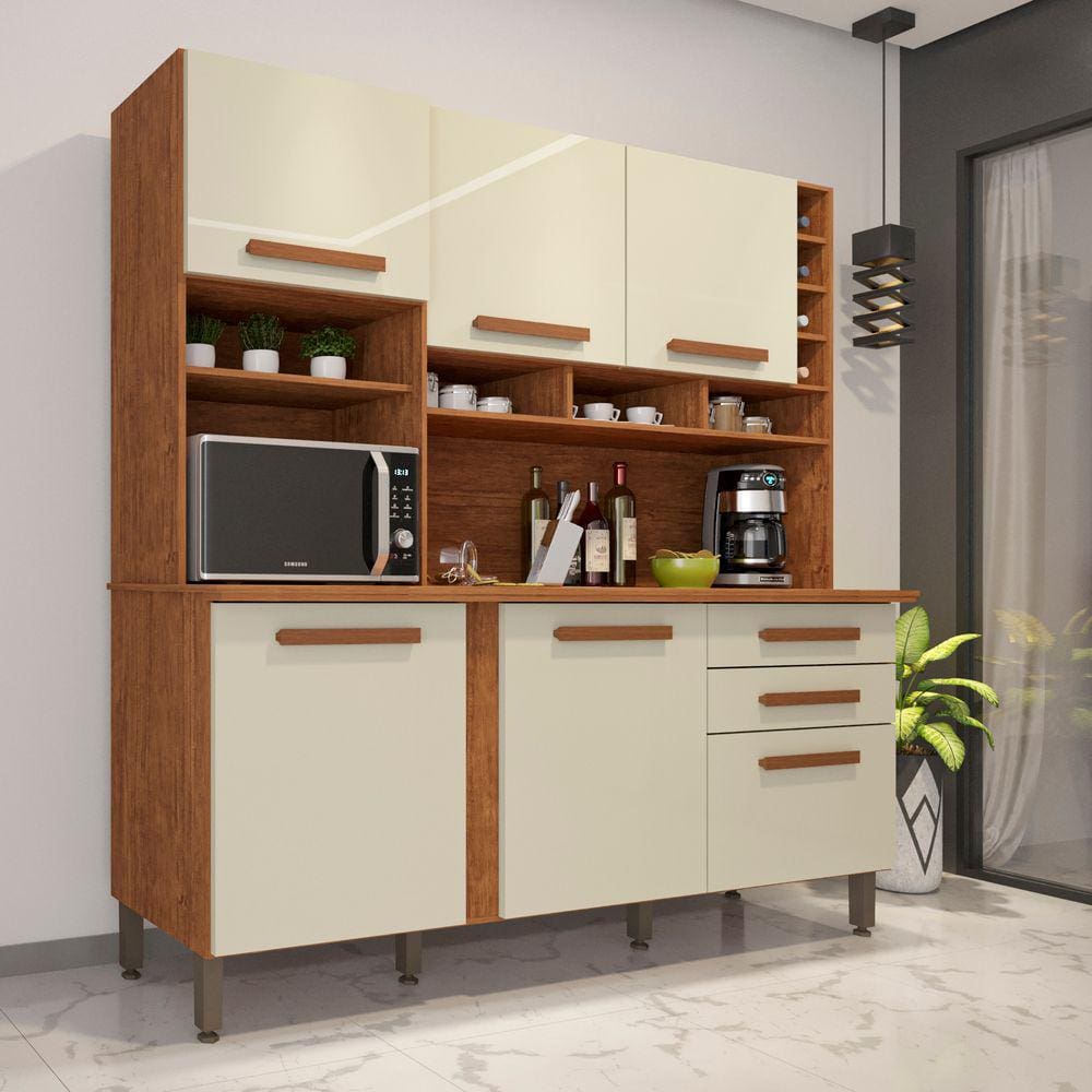 Cozinha Compacta 6 Portas 2 Gavetas e Adega para 4 Garrafas Alexia Cinamomo/Off White Imop