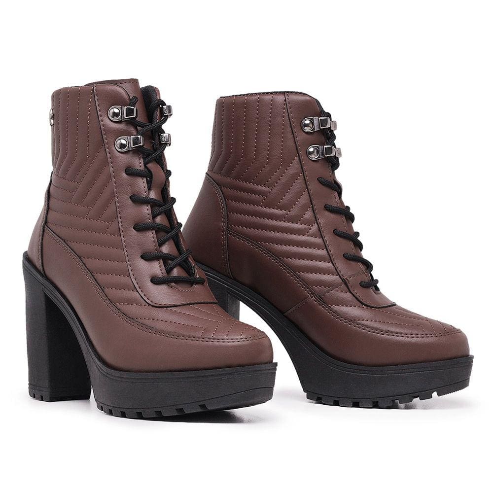 Bota Coturno Moda Chic Detalhes Costuras Metal No Cadarço Salto Grosso Alto