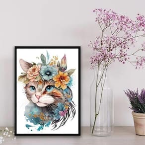 Quadro Decorativo Aquarela Gato Flores 33X24Cm - Com Vidro