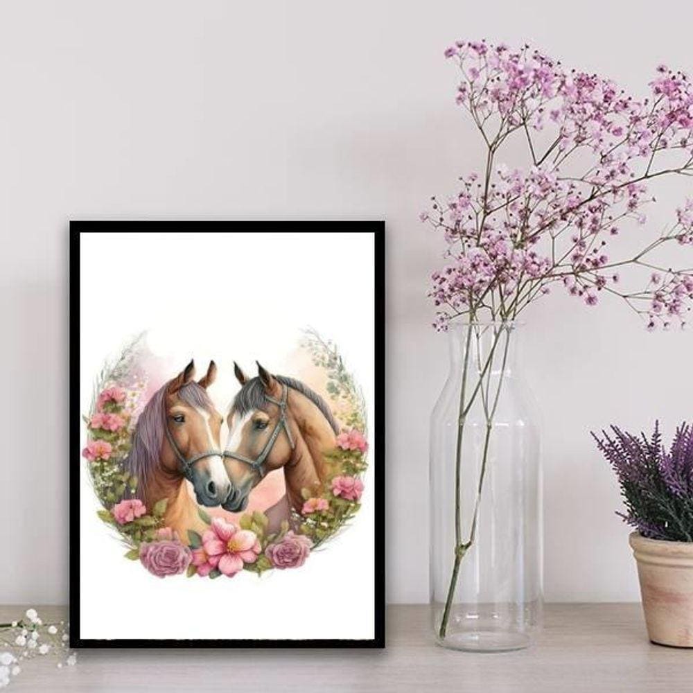 Quadro Decorativo Casal De Cavalos Aquarela 24X18Cm - Vidro