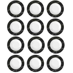 Jogo 12 Pratos Fundos em Porcelana com Estampa Mármore Preto Germer Redondos 23cm Nero