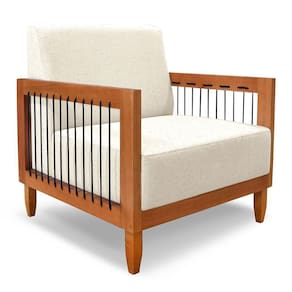 Poltrona Decorativa Marilia Linho Natural Base Em Madeira Castanho - Pallazio