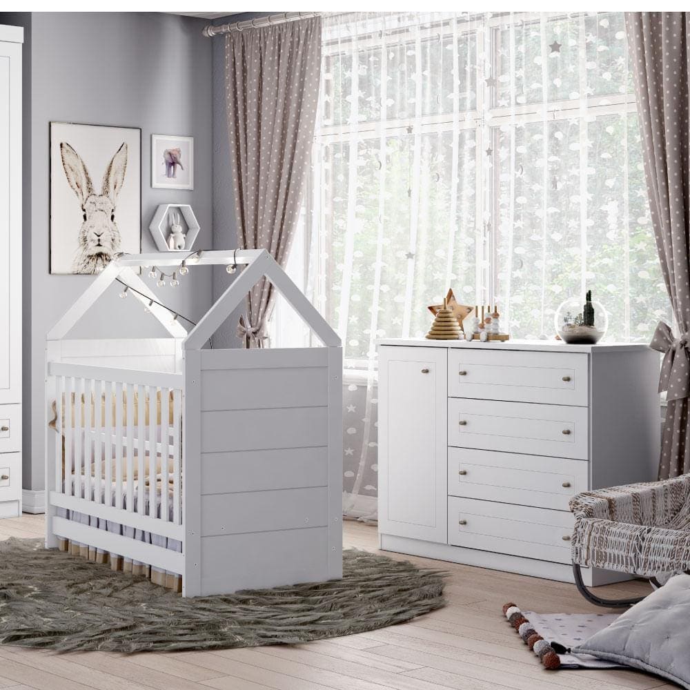 Quarto de Bebê Americano Berço Mini Cama e Cômoda 4 Gavetas - Branco