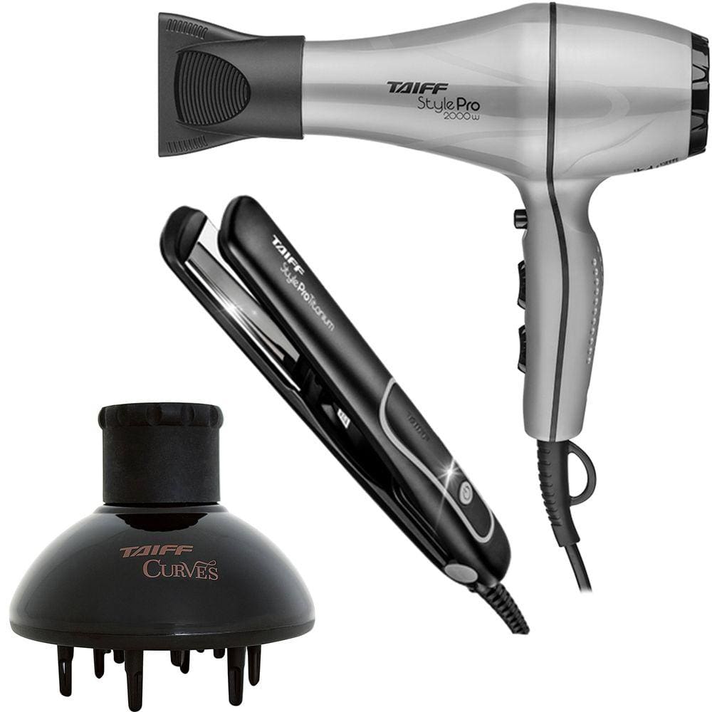 Kit Taiff Style Prata Pro - Secador 2000W 220V + Prancha Titanium 230ºc + Difusor De Ar Curves