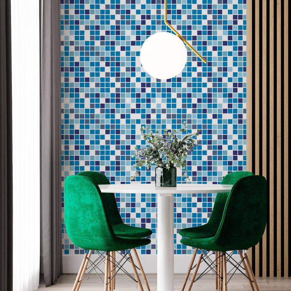 Kit 3 Rolos Papel De Parede Adesivo Pastilha Azul 3,0M